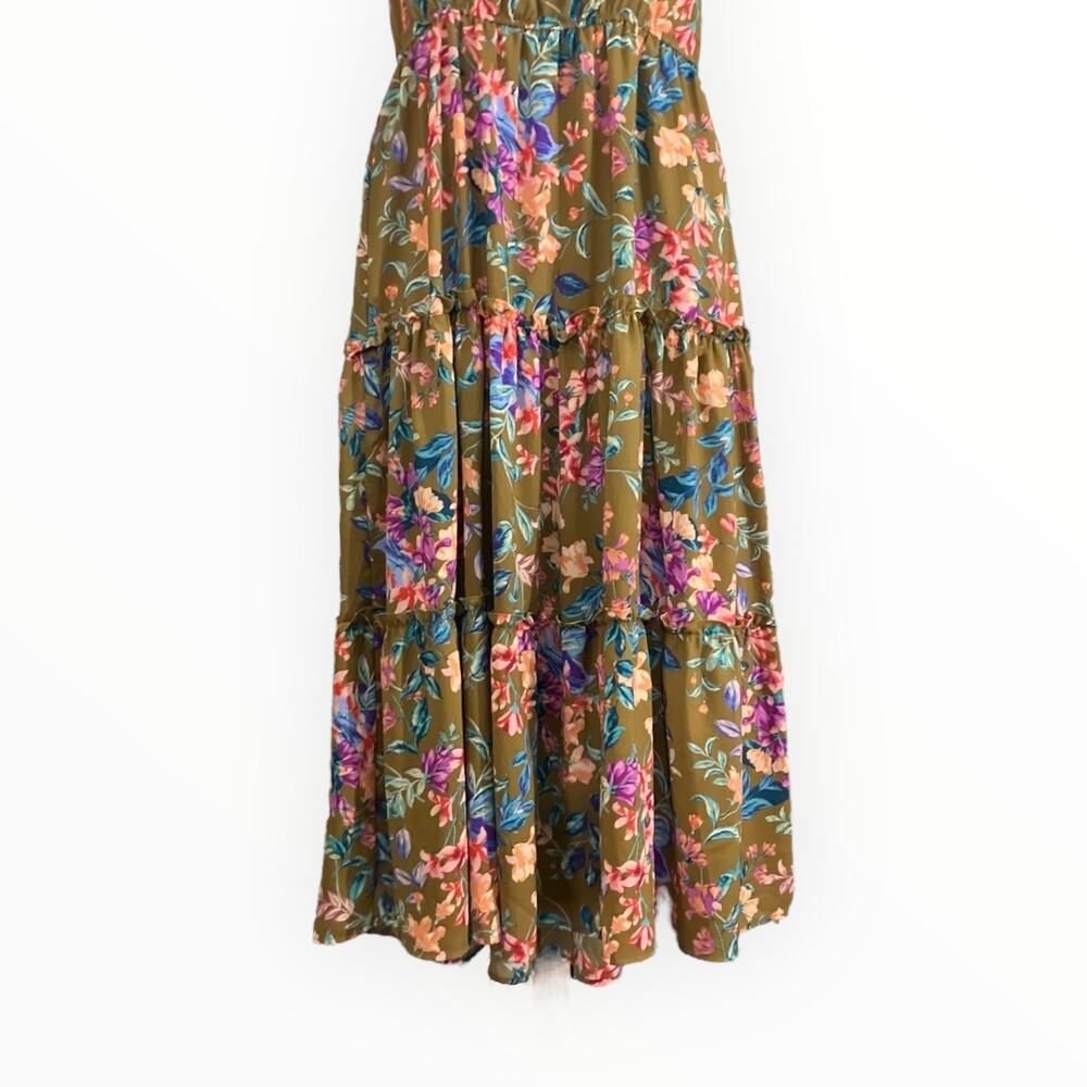 Mine Women’s Olive Floral Halter Flowy Open Back Midi Sun Dress Boho Charm SZ S - Picture 4 of 8